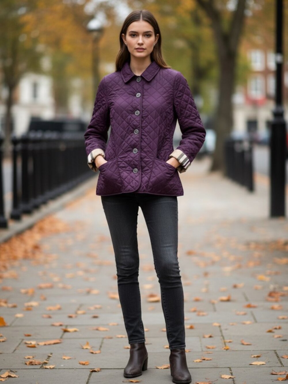 Burberry Brit Quilted Jacket Women's S Purple Nova Check Lining Button Front